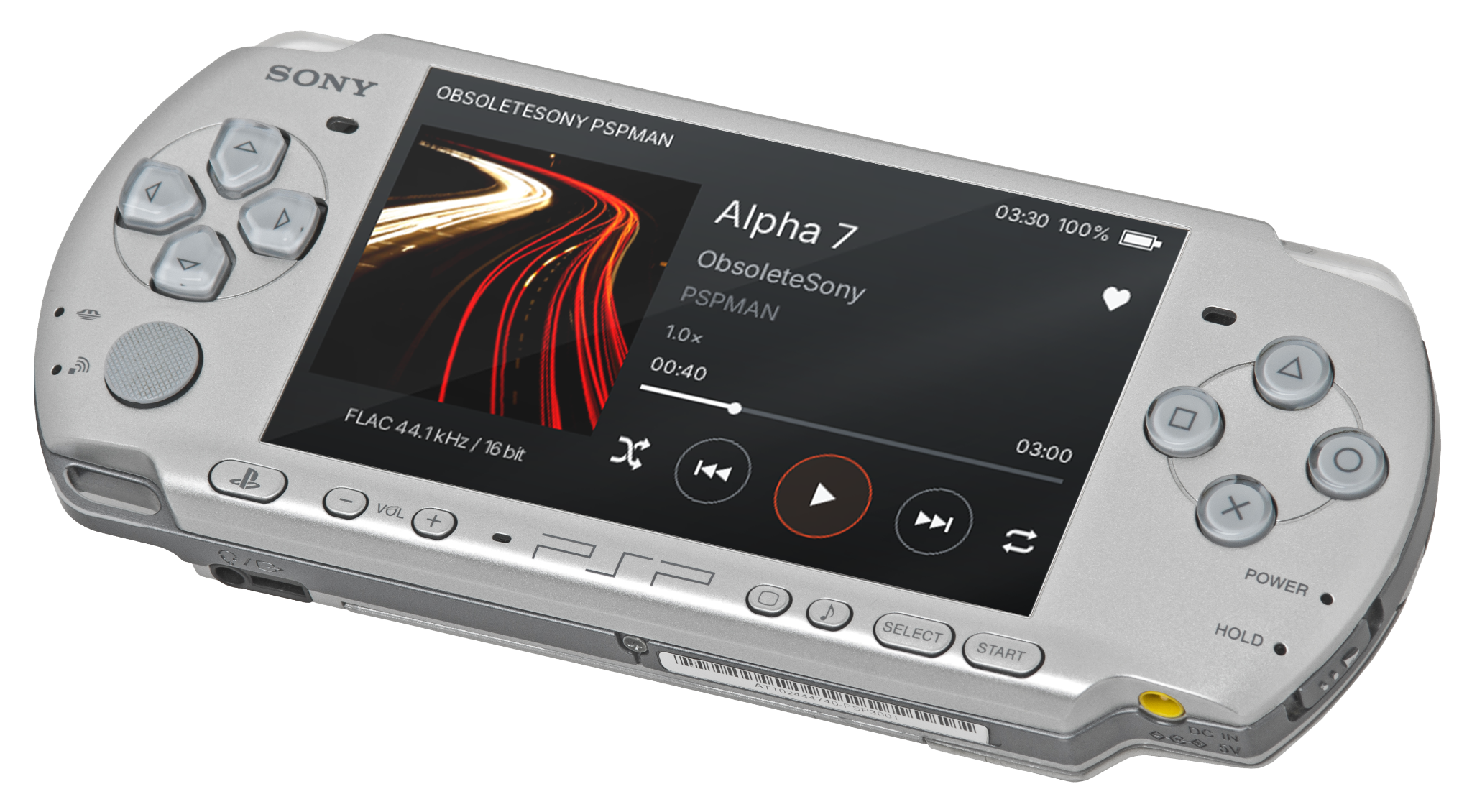 PSPMAN Alpha 7 Now Playing on a silver Sony PSP