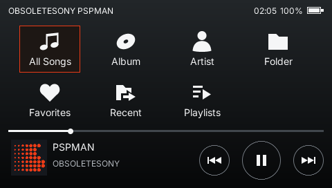 PSPMAN Library Home with Walkman-inspired browsing categories