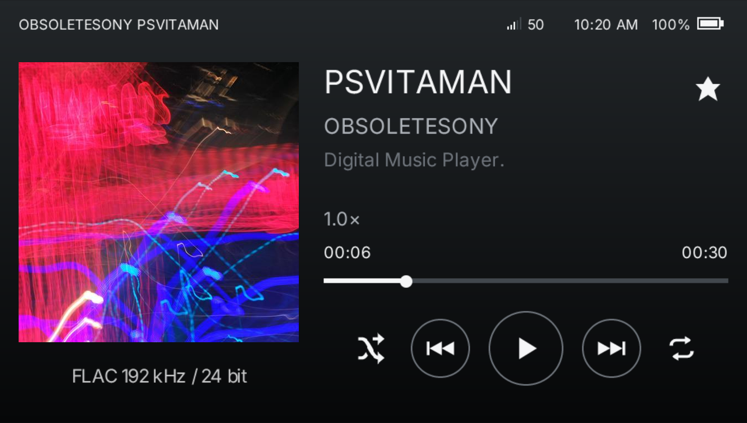 PSVITAMAN Now Playing with album artwork, FLAC details, and playback controls